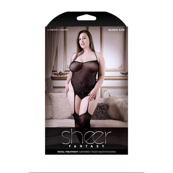 🦋B2G1🦋FANTASY LINGERIE Sheer Fantasy ROYAL TREATMENT Gartered Teddy Bodystocking - Picture 3 of 5
